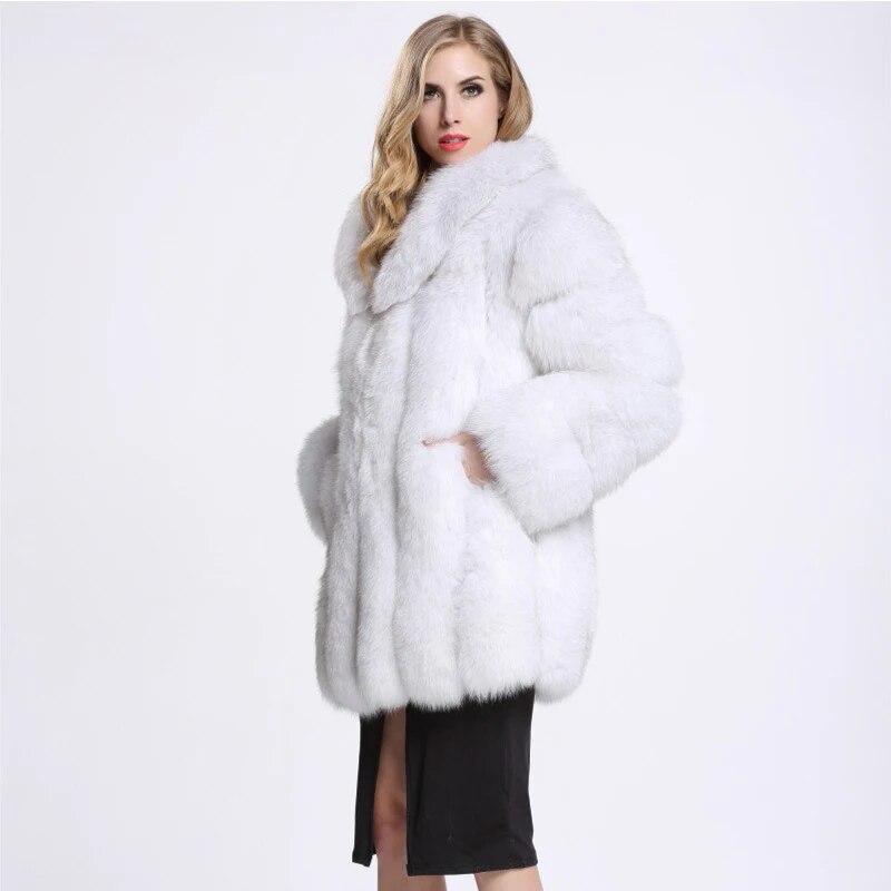 Elegant White Faux Fox Fur Coat