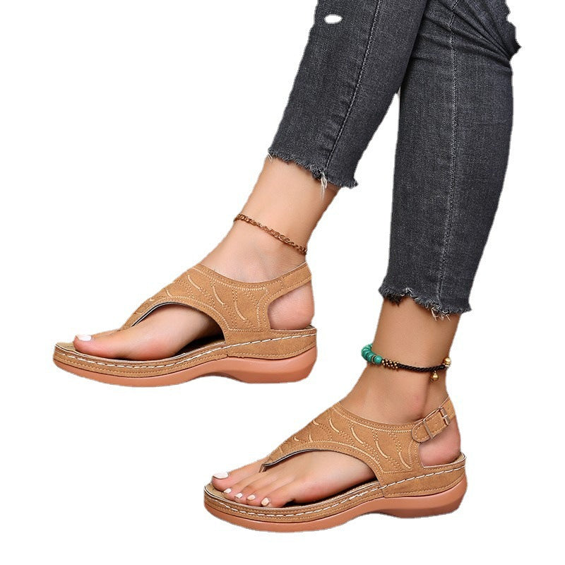 Wish Cross-border Spot Women&#039;s Shoes 2021 New Roman Style One-word Buckle Women&#039;s Sandals Foreign Trade 43 Large Size Sandals