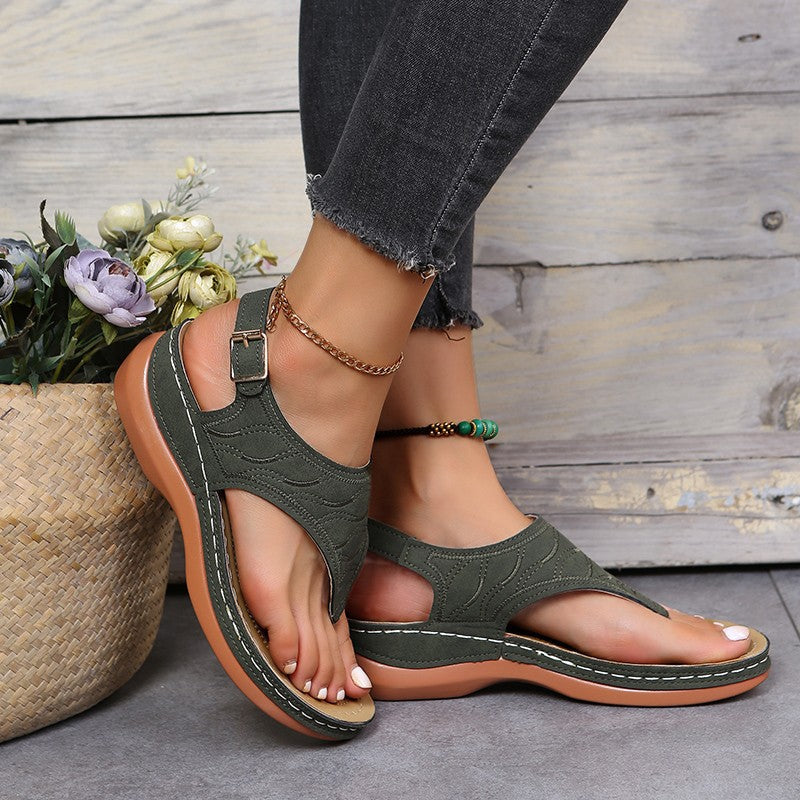 Wish Cross-border Spot Women&#039;s Shoes 2021 New Roman Style One-word Buckle Women&#039;s Sandals Foreign Trade 43 Large Size Sandals