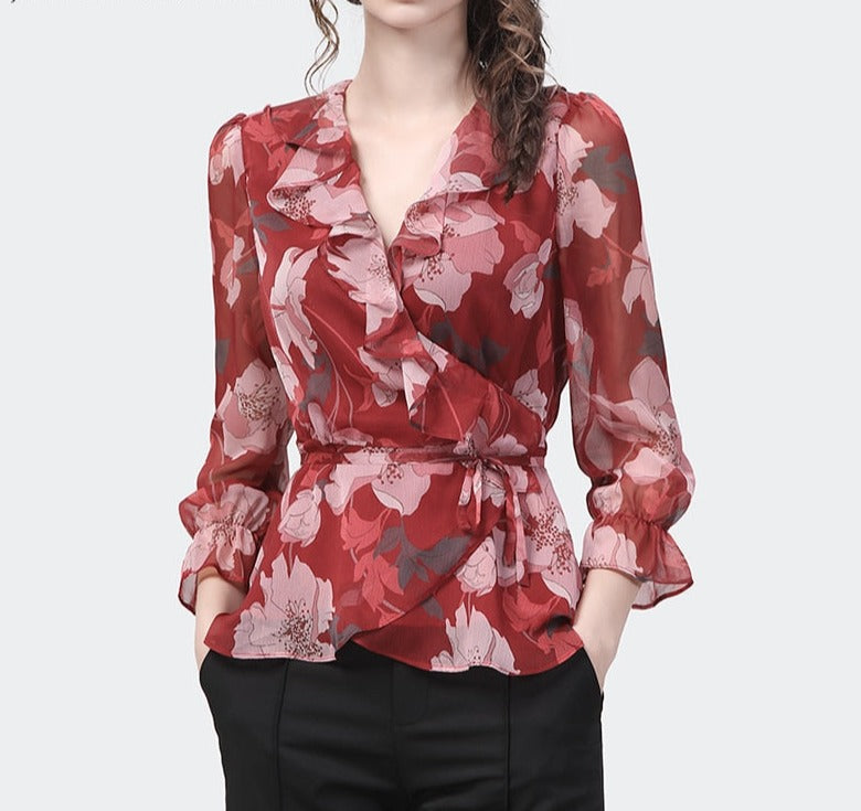 Red Floral Chiffon Top
